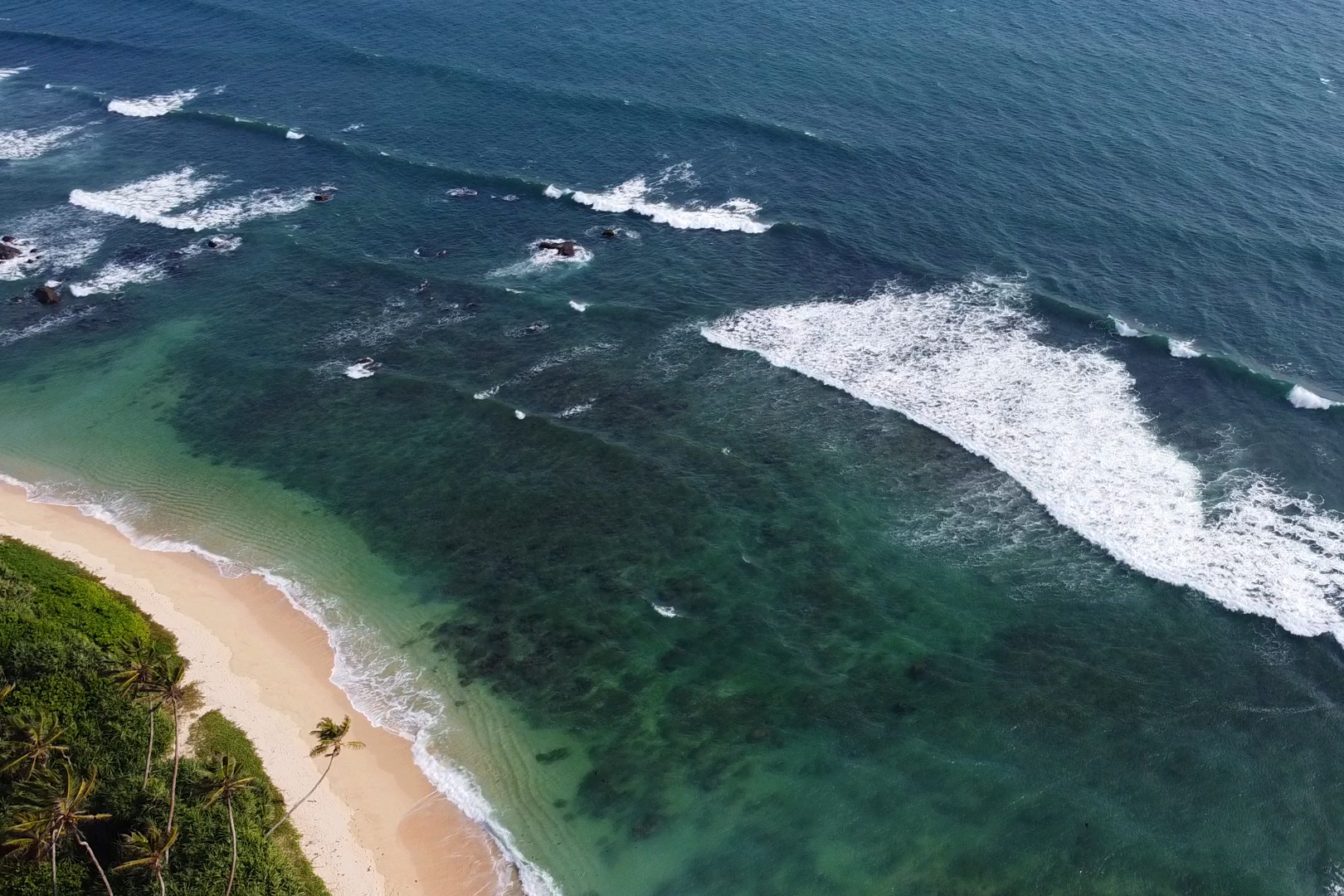 Drohnenaufnahme von oben auf brechende Wellen an einem tropischen Sandstrand mit Palmen im Süden Sri Lankas.